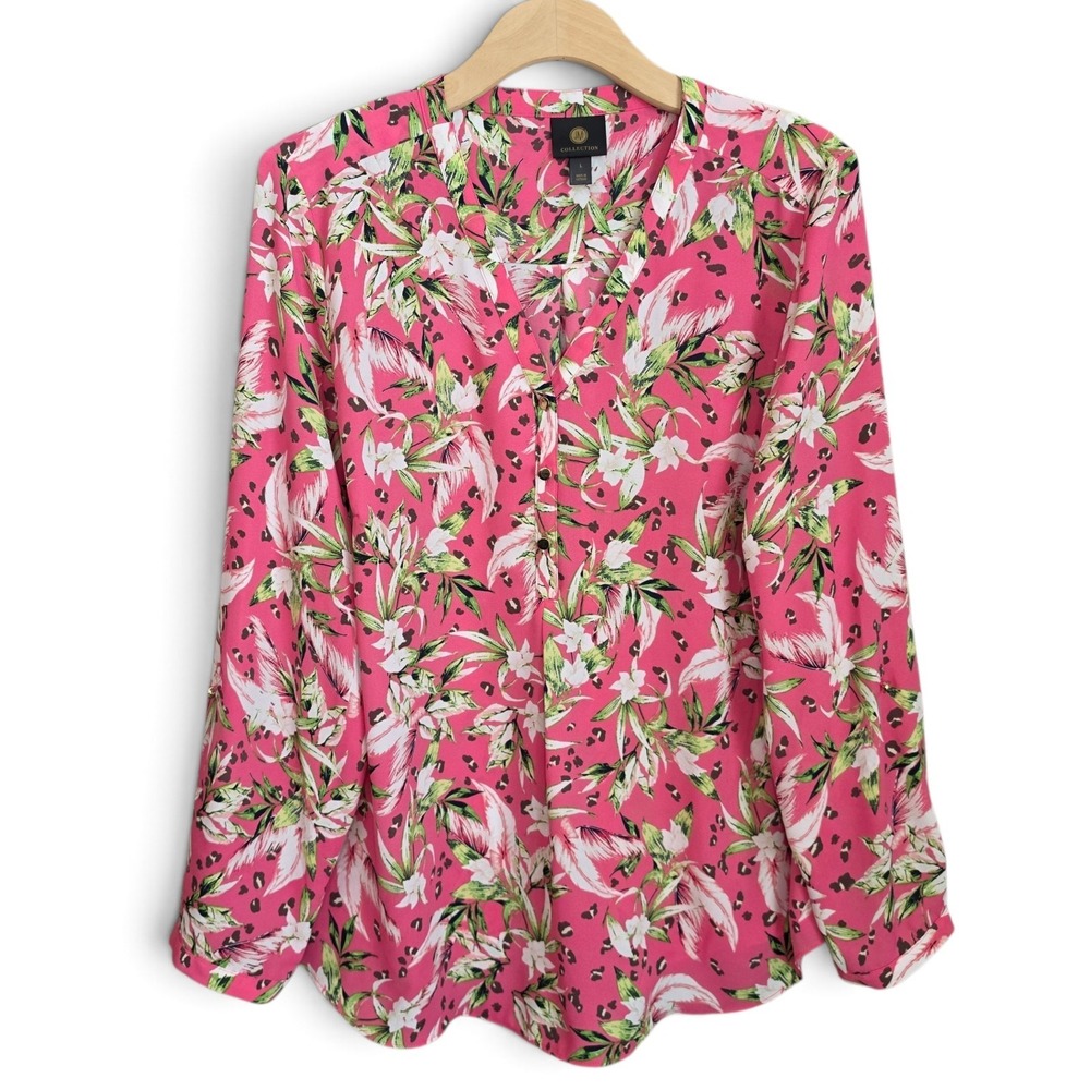 JM Collection Top Womens L Hot Pink Tropical Botanical Animal Print Split Neck